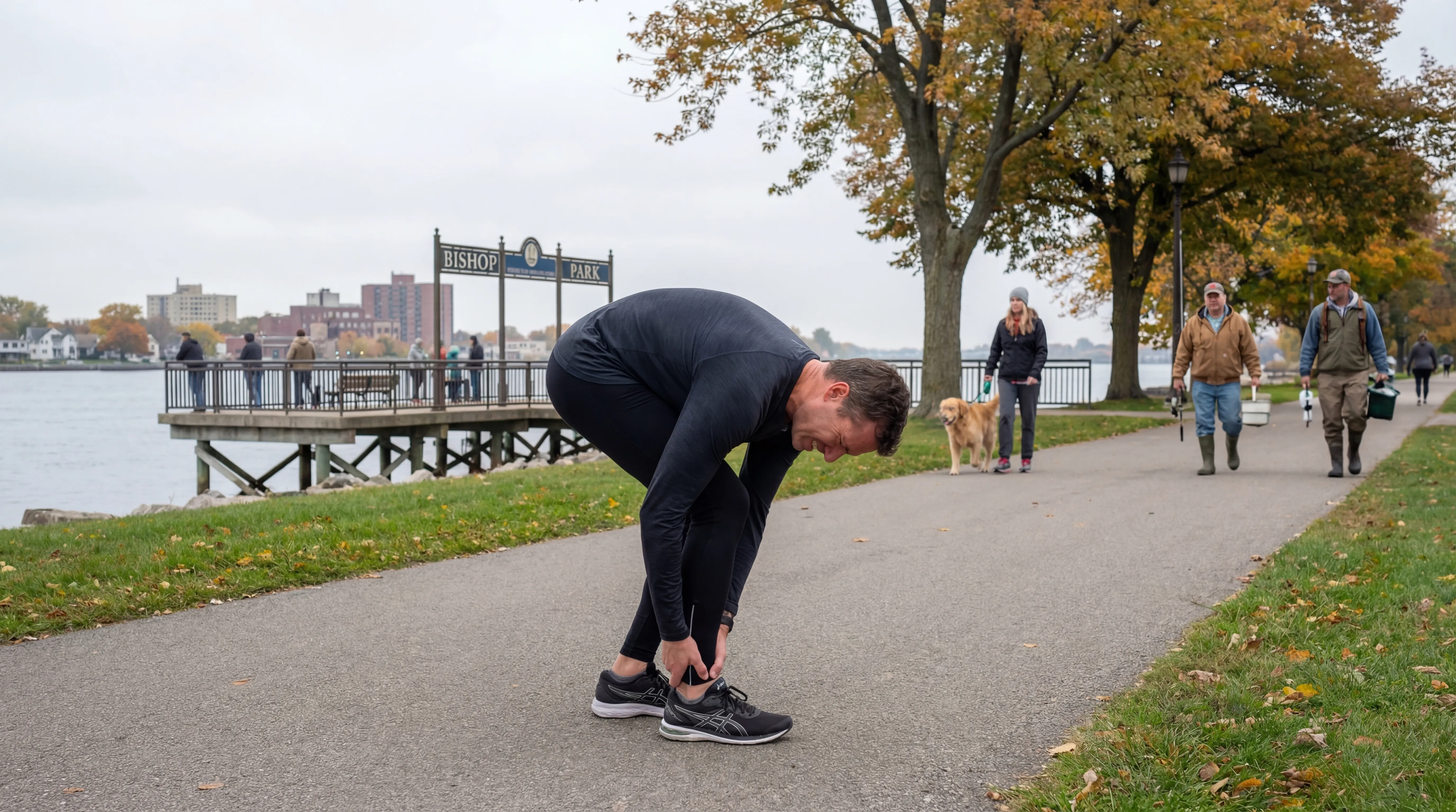 Runner with achilles tendonitis ankle pain at Bishop Park Trenton Michigan