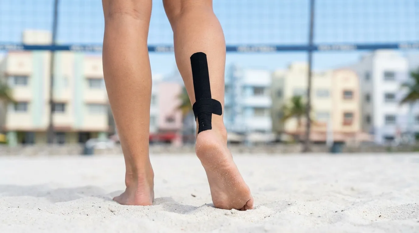 Achilles tendonitis kinesiology taping on a beach volleyball player at South Beach Miami