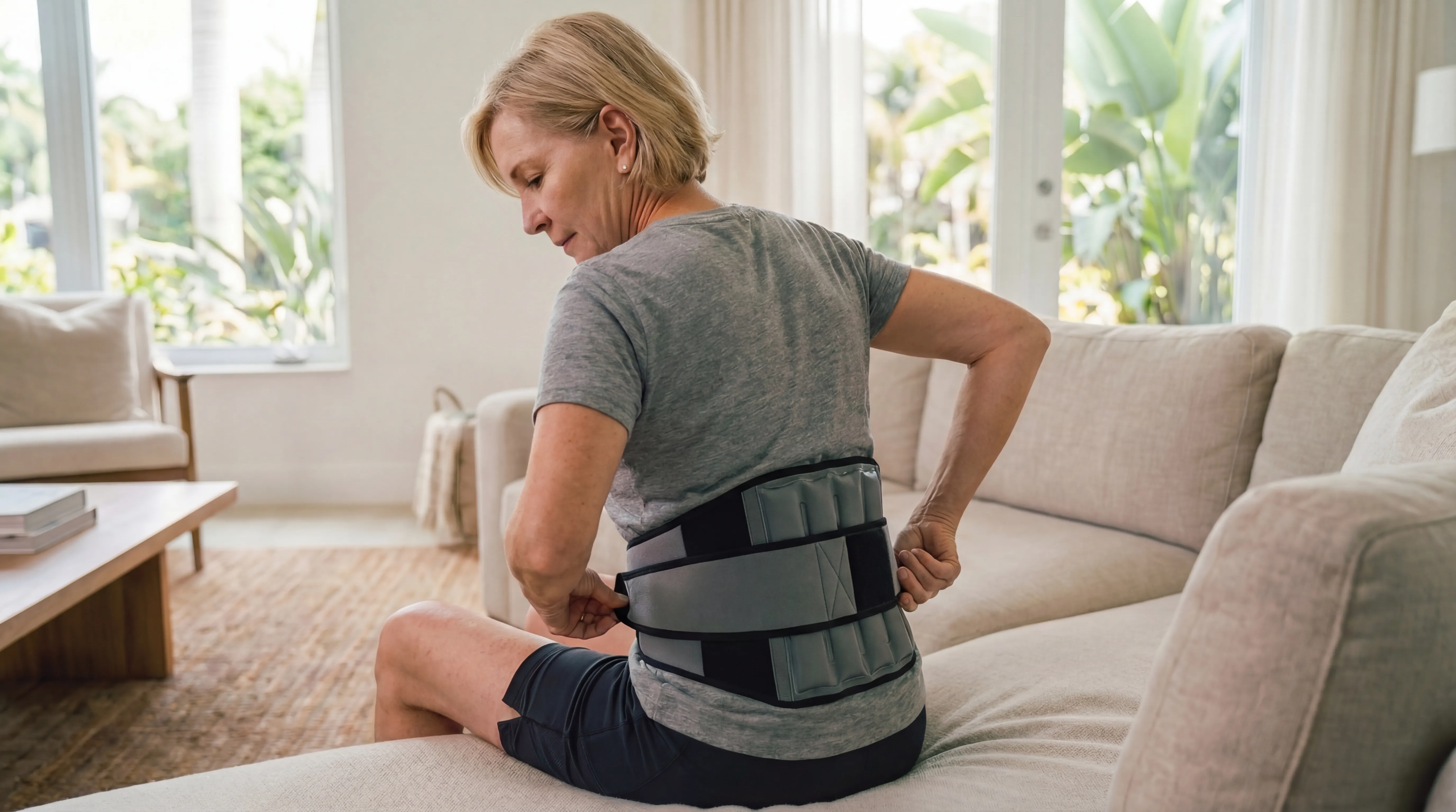 Woman applying ice pack for herniated disc home care in Miami living room