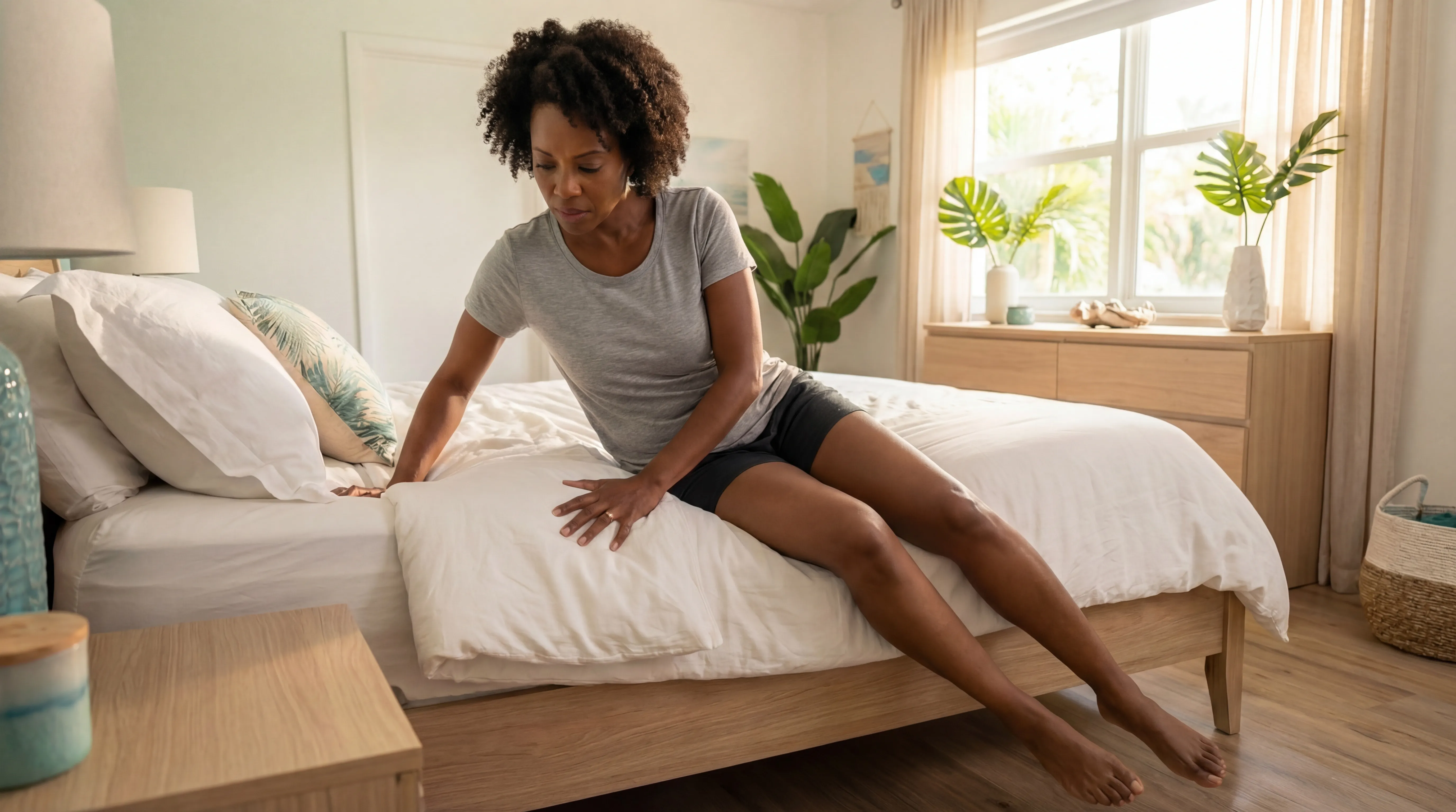 Woman demonstrating log roll technique to get out of bed safely with herniated disc