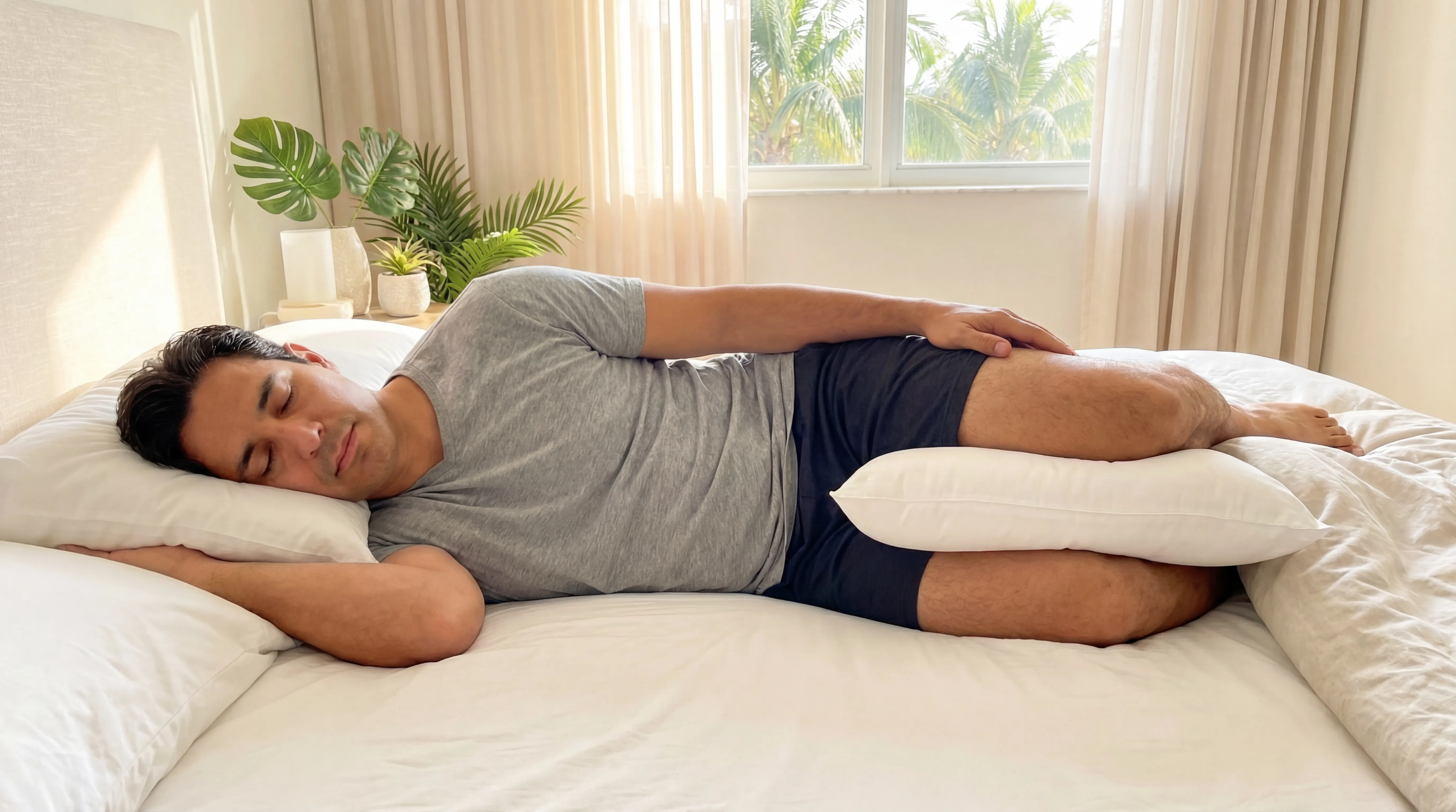 Man demonstrating proper side sleeping position with pillow between knees for herniated disc relief