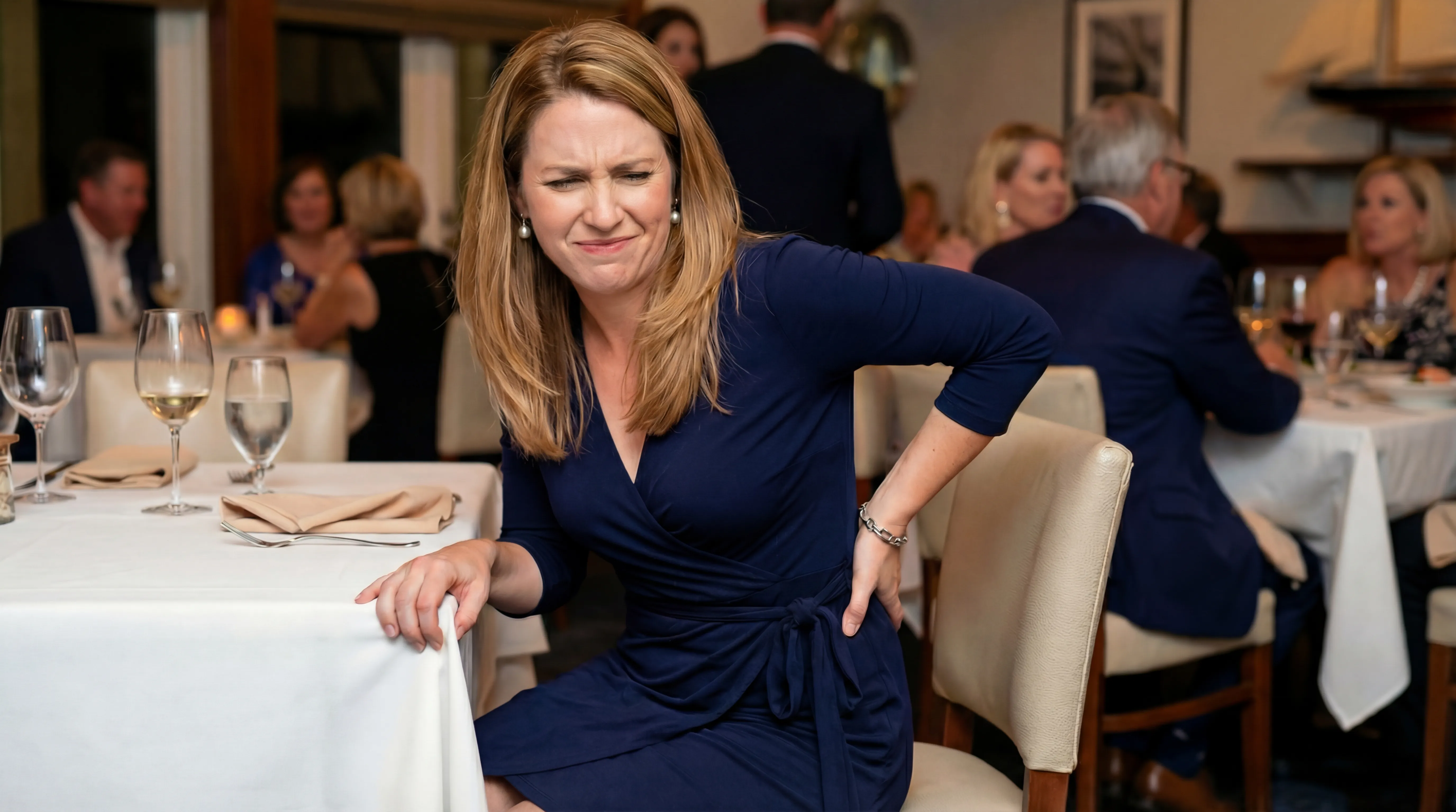 Woman experiencing herniated disc lower back pain while dining at an upscale restaurant in Trenton, Michigan
