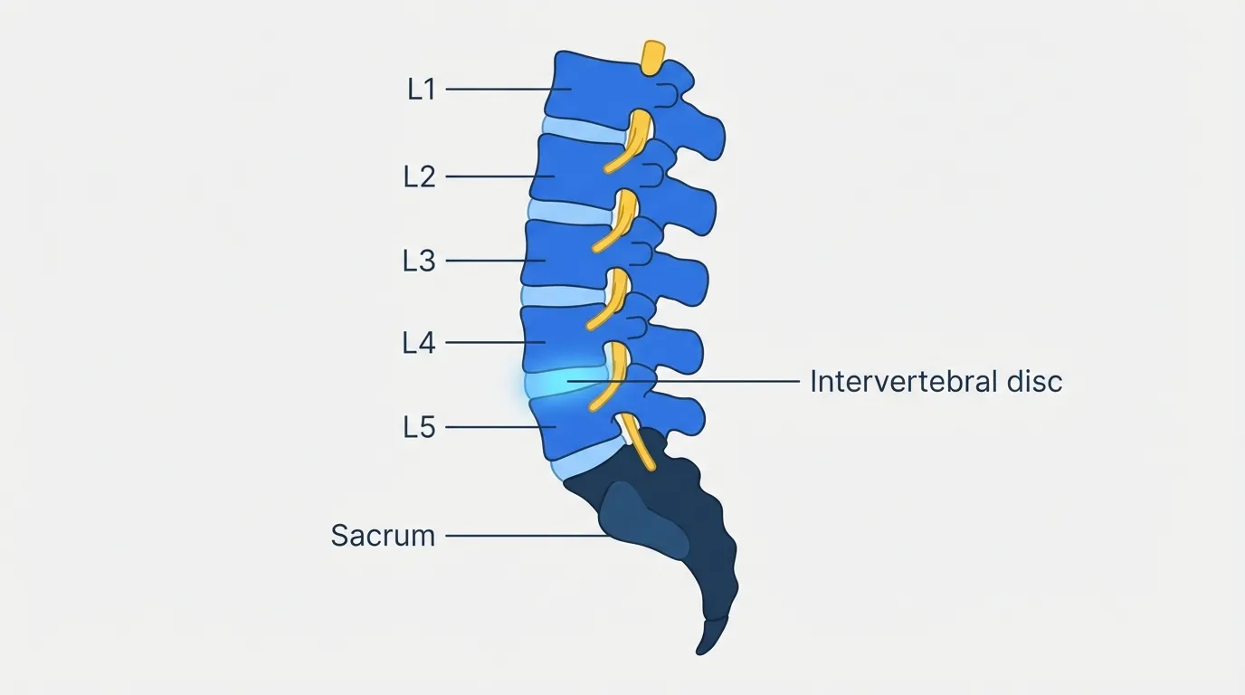 Medical illustration of lumbar spine showing L1-L5 vertebrae, intervertebral discs, and sacrum
