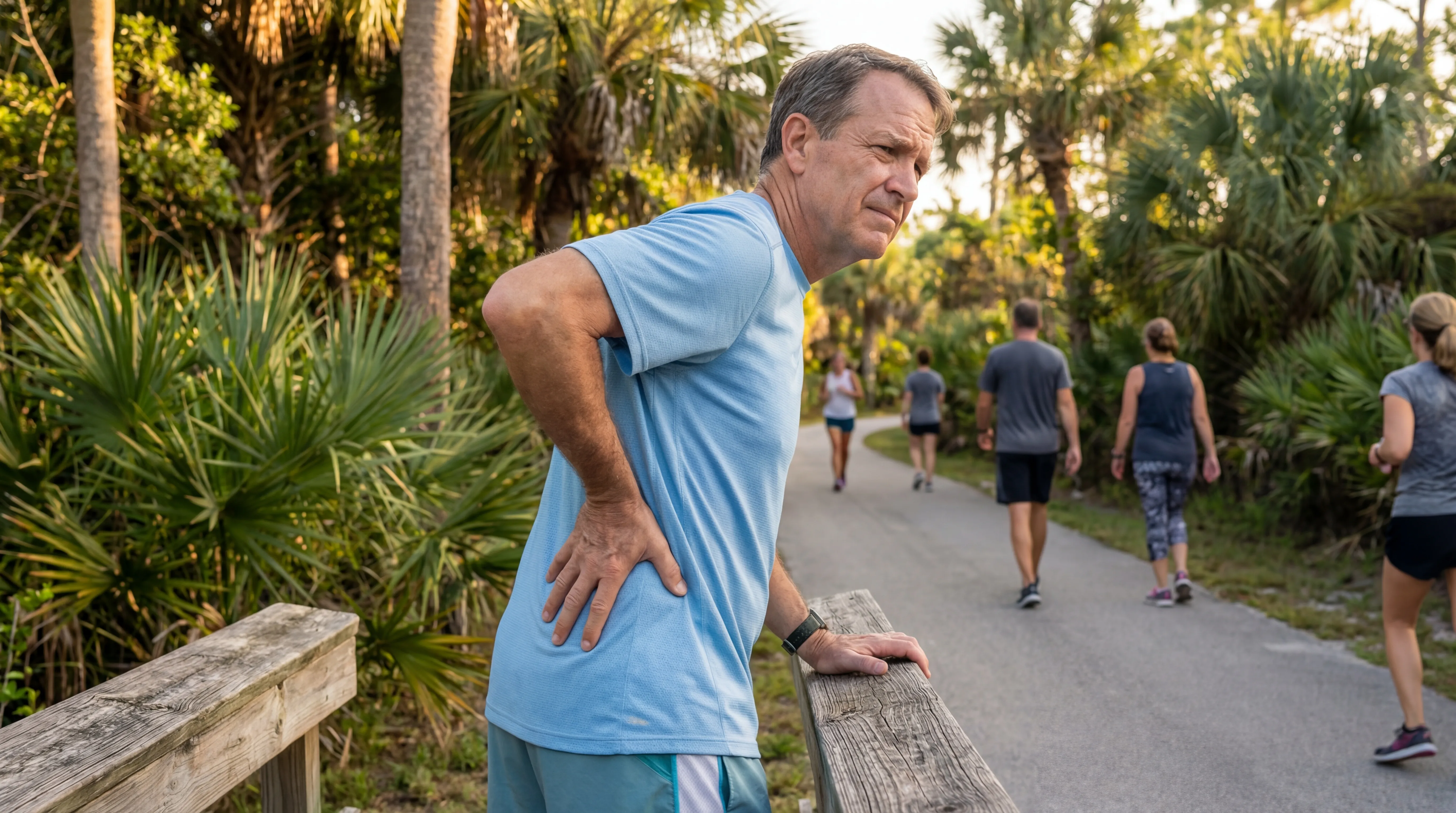 A man suffering from lower back pain pauses on a Naples, Florida nature trail while other walkers continue past
