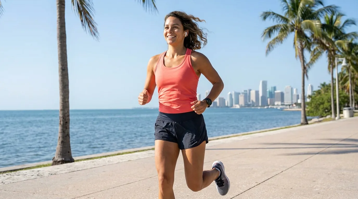 Woman jogging after lower back pain treatment on Miami waterfront with downtown skyline