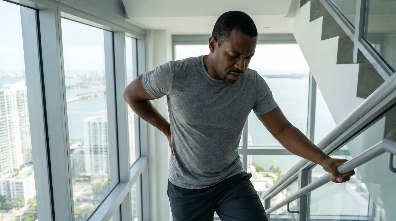 Man with lower back pain climbing stairs in Miami high-rise with bay view
