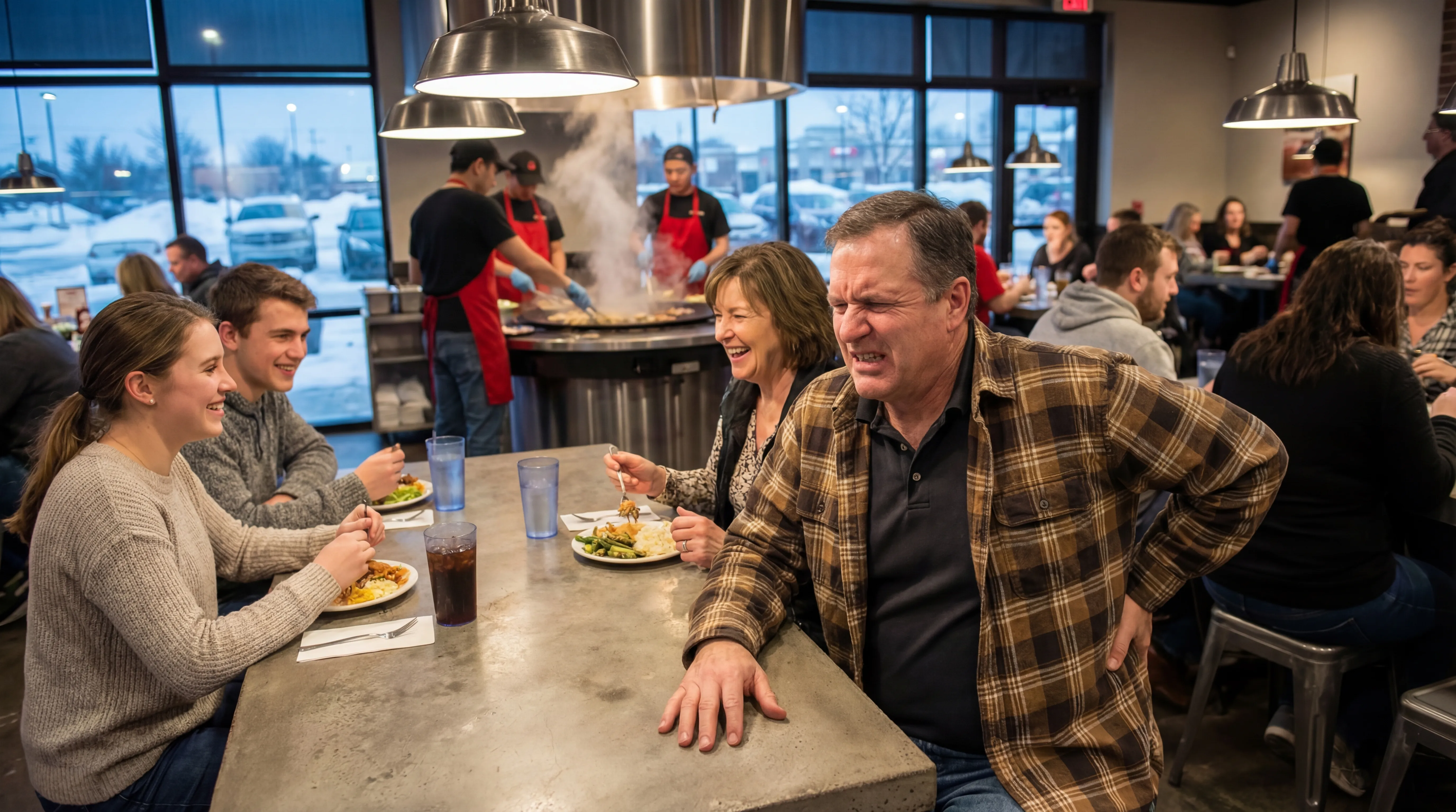 A man winces from lower back pain while dining with his family at a Trenton, Michigan restaurant
