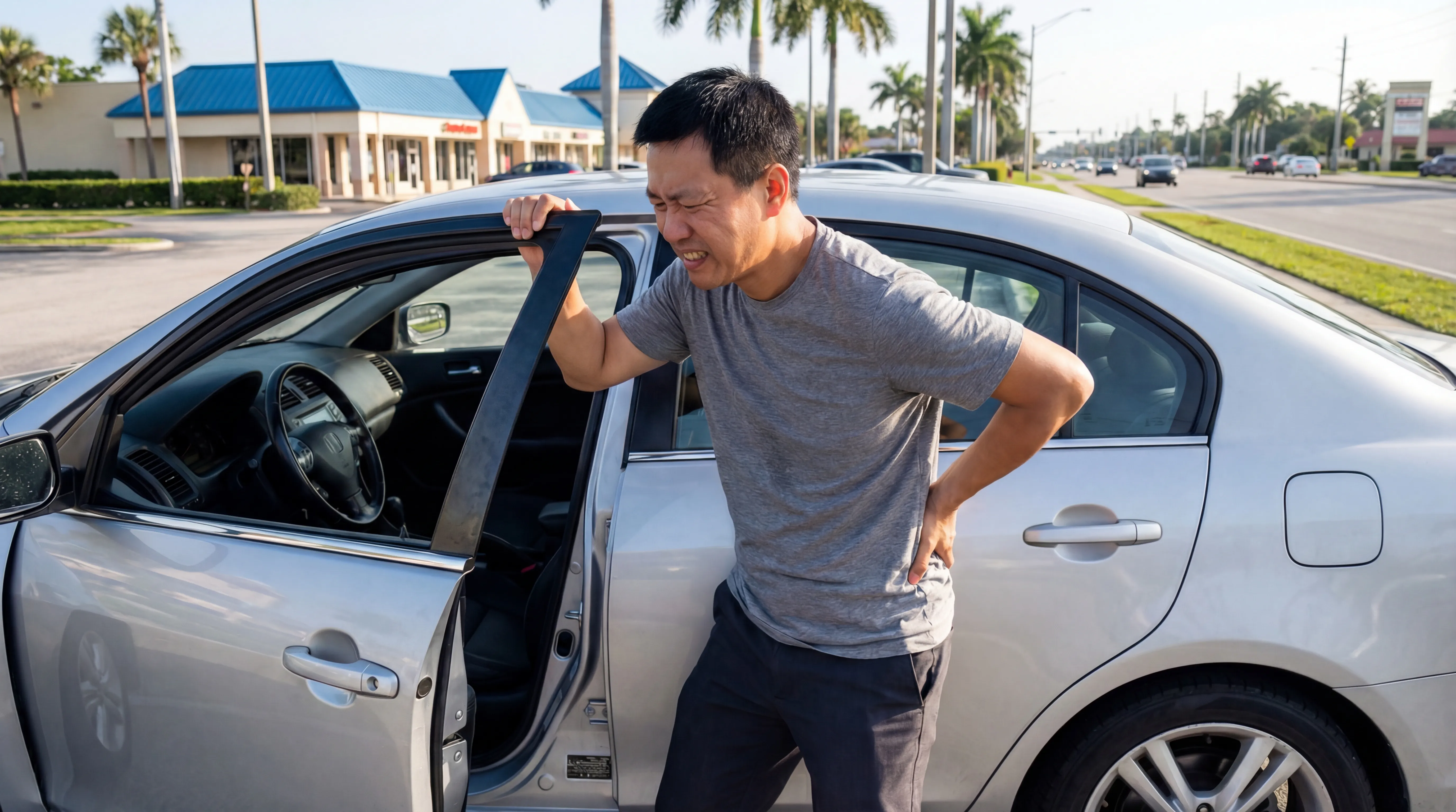 Man wincing from piriformis syndrome hip pain while getting out of his car in a Naples, Florida shopping plaza on Immokalee Road