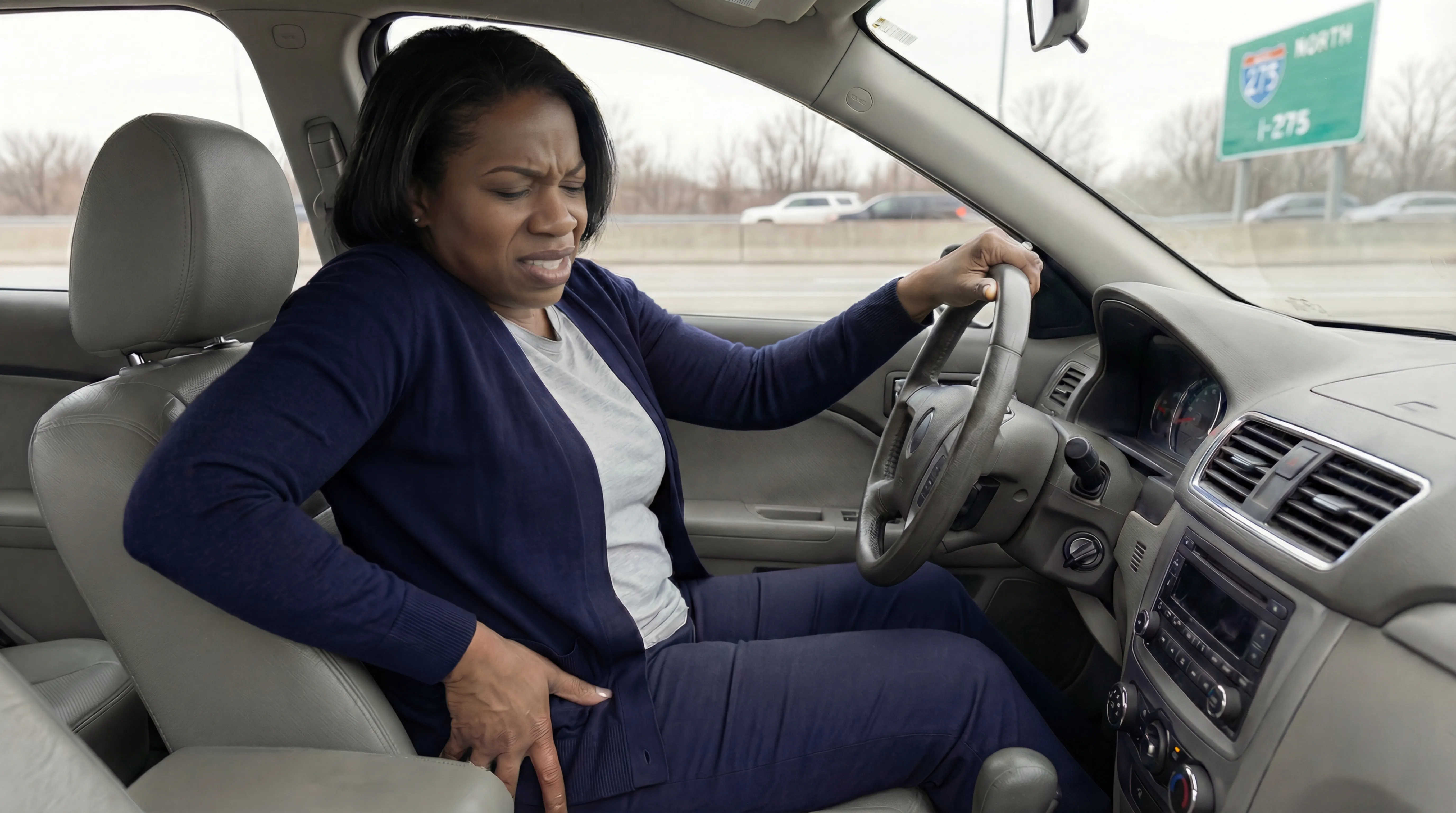 Woman with piriformis syndrome hip pain while driving on I-275 near Trenton Michigan