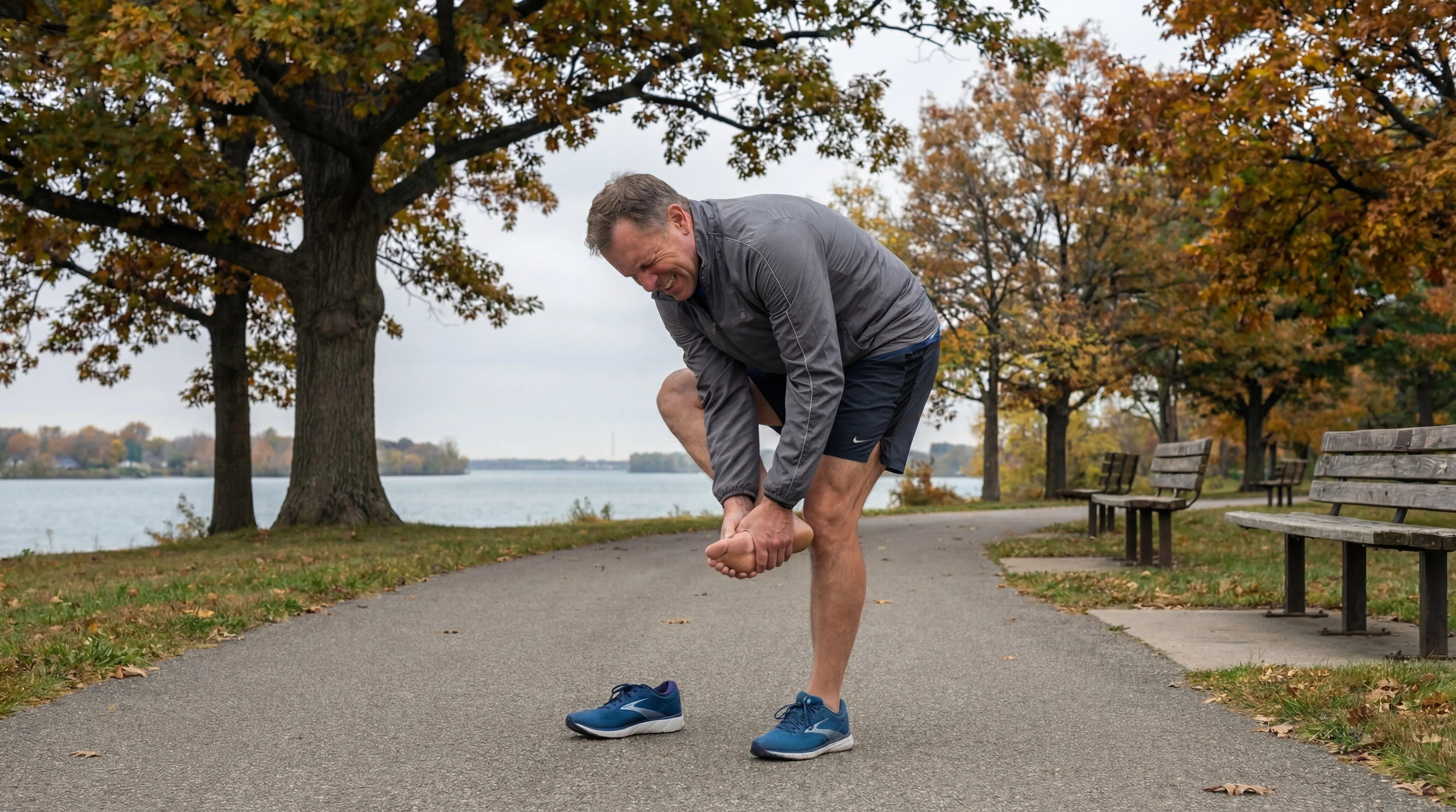 Person with plantar fasciitis heel pain at Trenton Michigan park