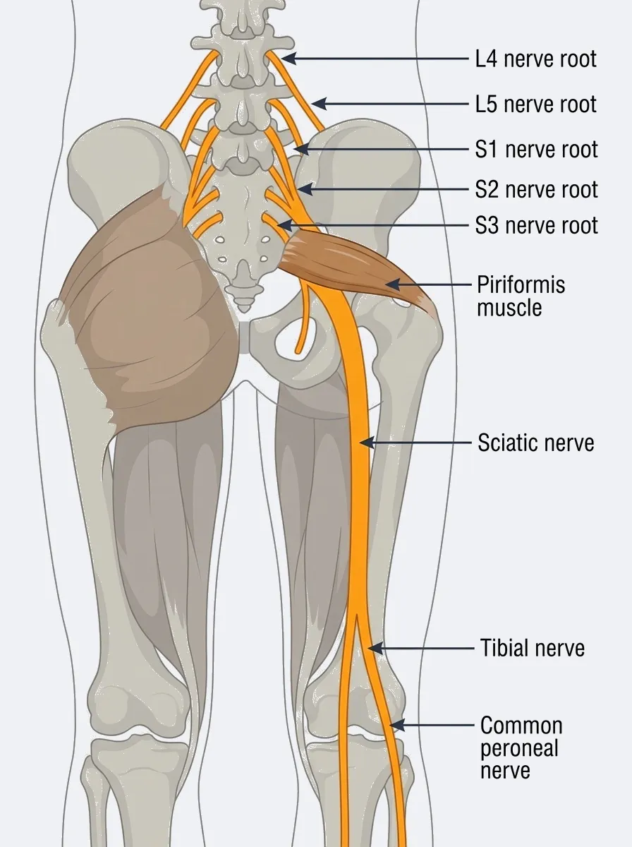 Anatomical diagram showing sciatic nerve pathway from L4-S3 nerve roots through piriformis muscle down the leg