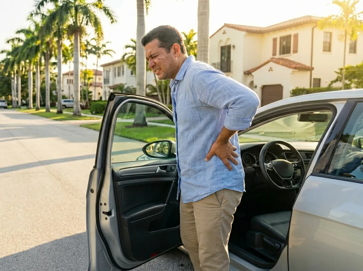 Man with sciatica pain getting out of car on a Coral Gables Miami street