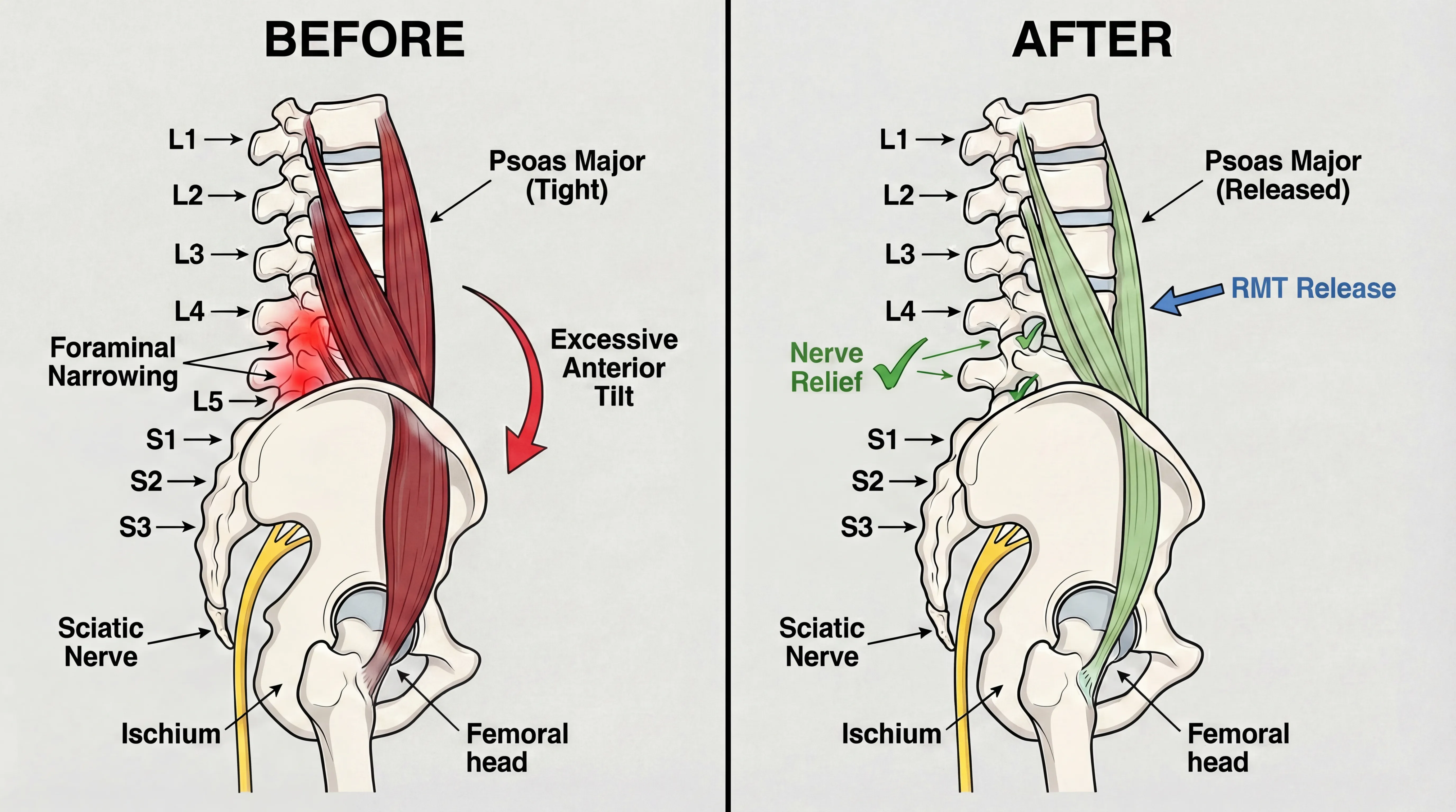 Before and after diagram showing how robotic muscular therapy releases a tight psoas muscle to reduce foraminal narrowing and decompress the sciatic nerve