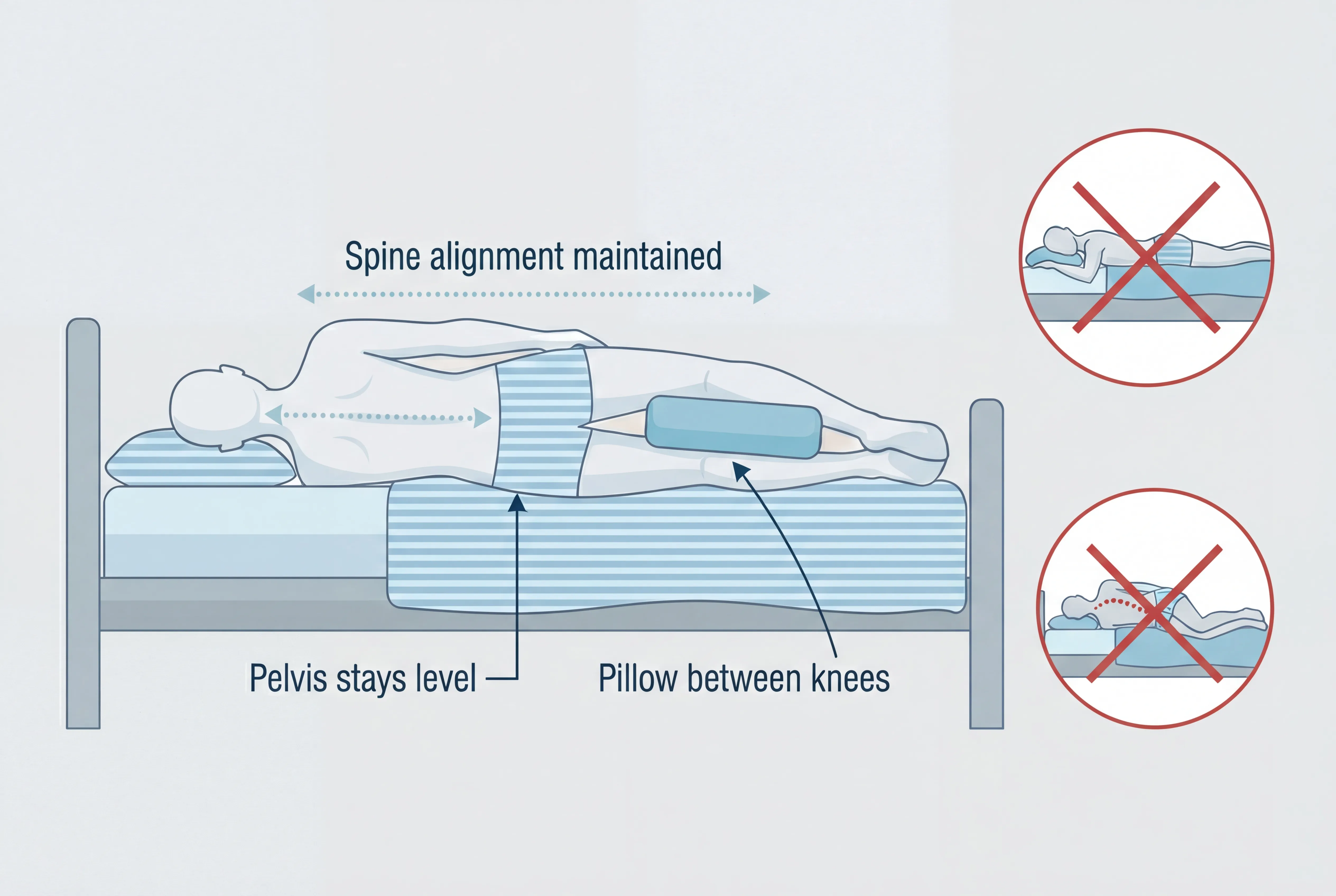 Illustration showing correct side-sleeping position with pillow between knees for sciatica, with two incorrect positions crossed out
