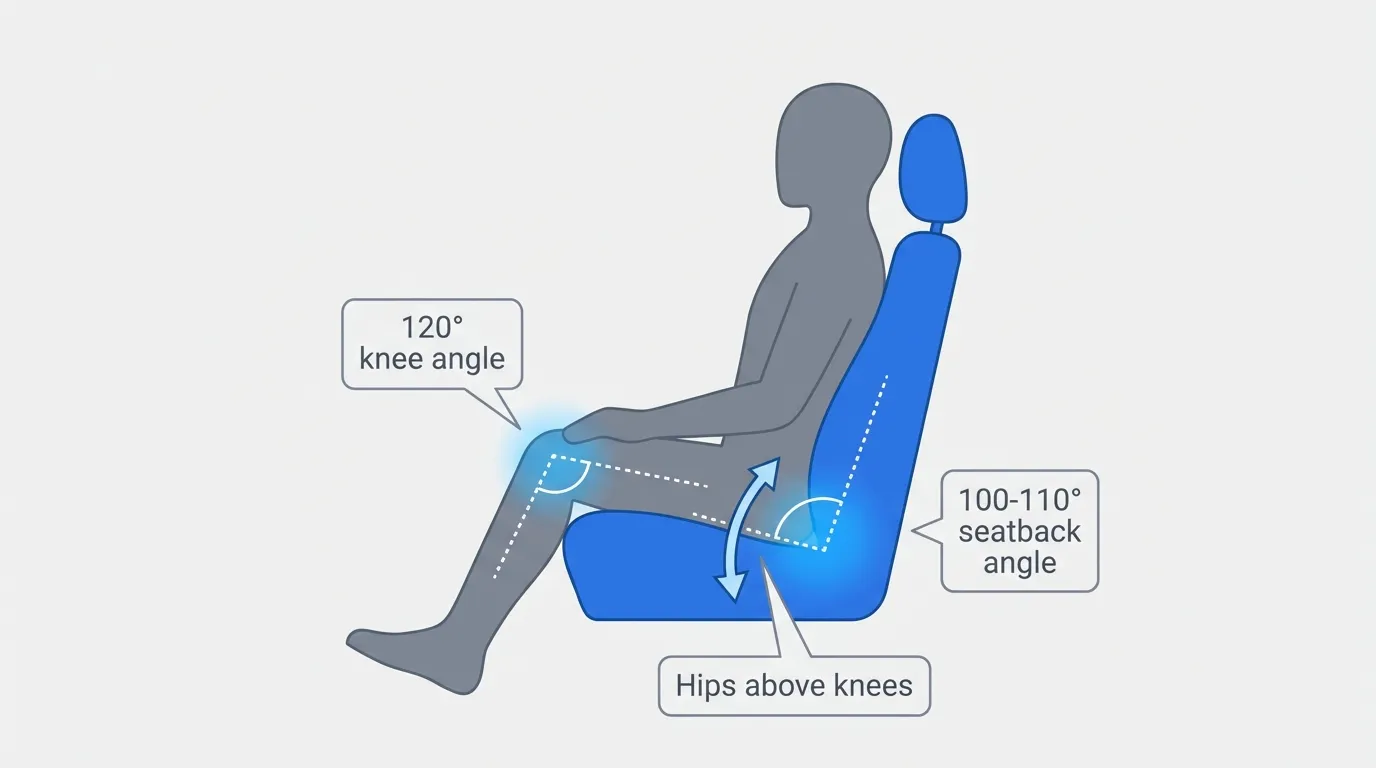 Proper car seat position for driving with sciatica: 120-degree knee angle, 100 to 110-degree seatback, hips above knees